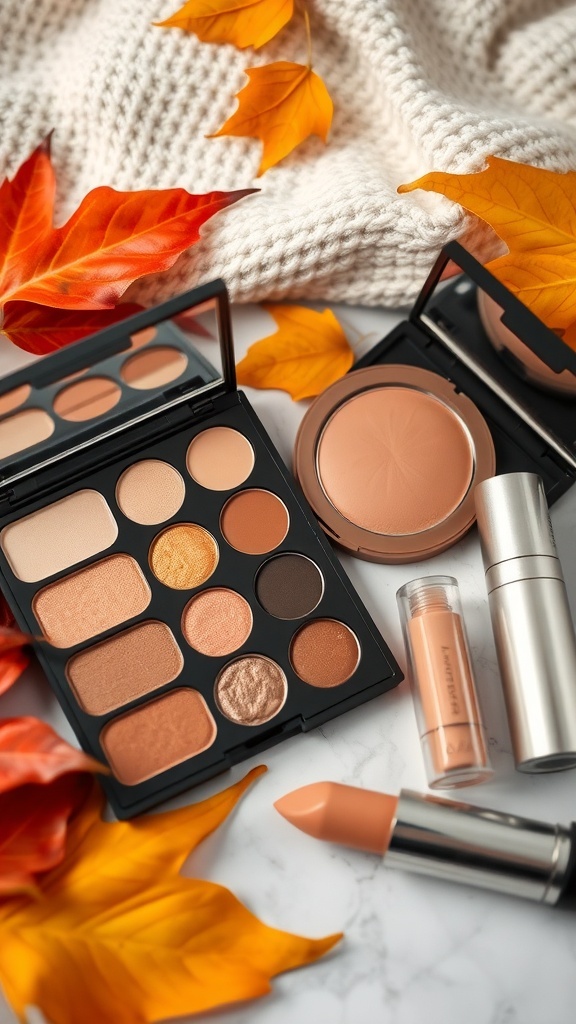 Makeup products in warm tones for a toasty look, with autumn-themed decor.